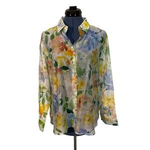 NWT Bailey 44 Floral Watercolor Button Up Semi Sheer Blouse Ethereal Feminine L
